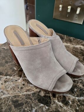 Frye Suede Open-Toe Mule Heels in Light Gray-Taupe